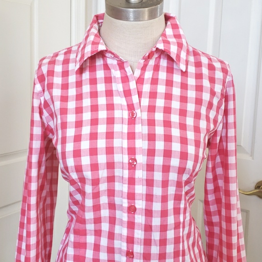 Vintage Red Pink Gingham Plaid Button Down Shirt S Cotton Long Sleeve Top - Picture 7 of 13